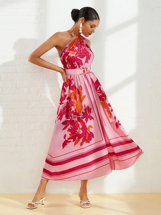 Satin Floral Print Vacation One-Shoulder Maxi Dress