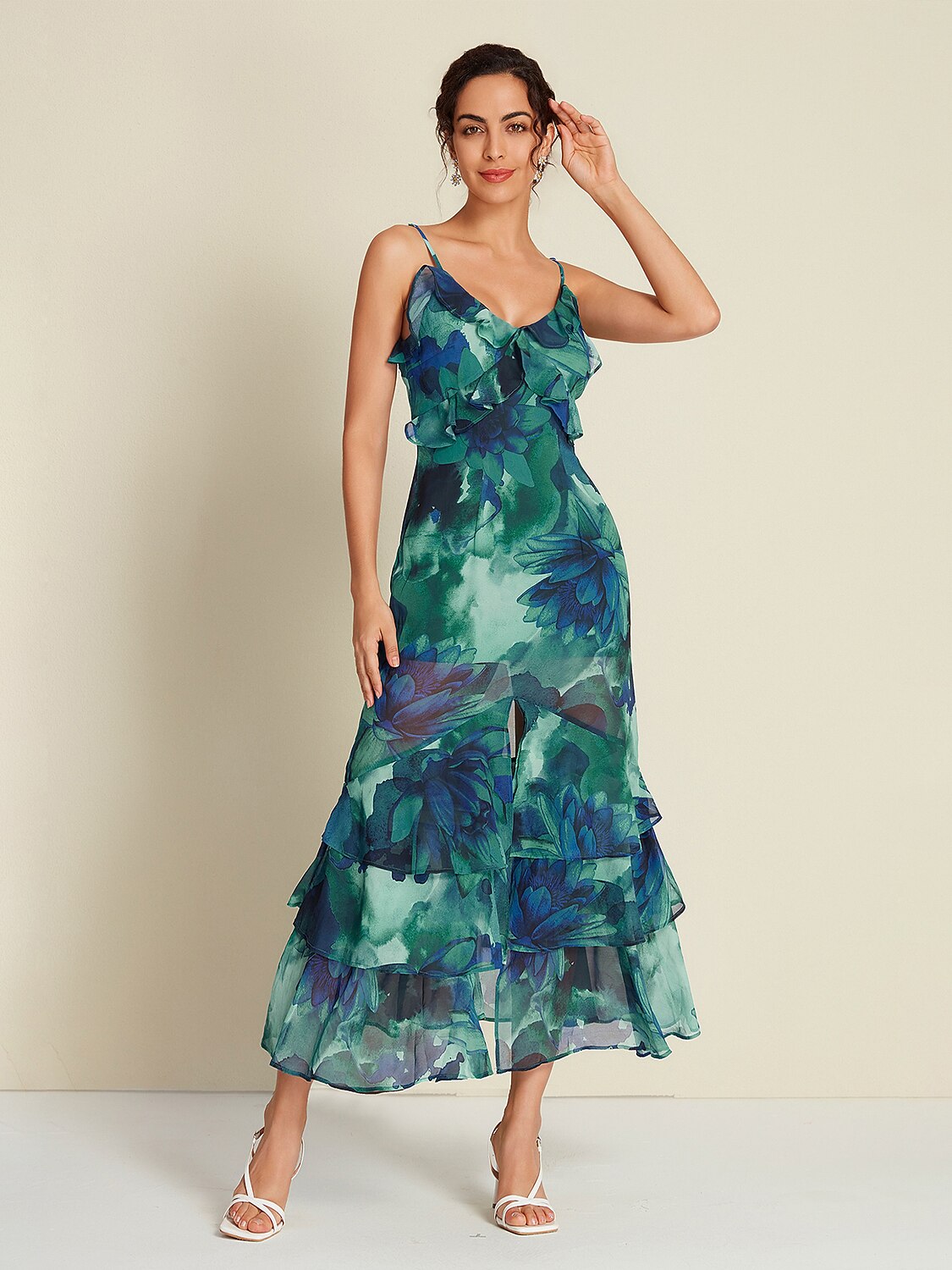 Chiffon Floral Print Ruffle Split Ends Sleeveless Maxi Dress