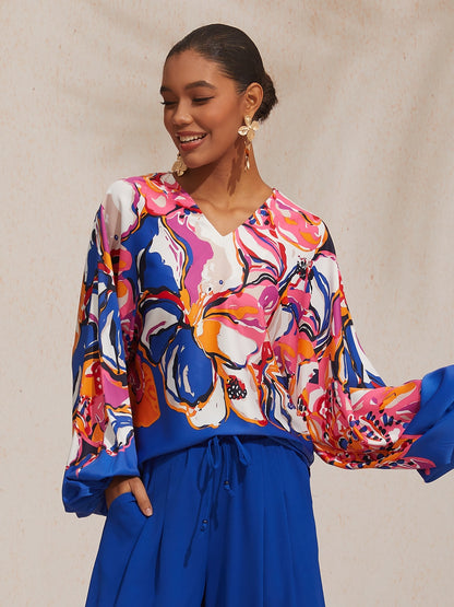 Vacation Artistic Floral Dolman Sleeve Satin Top