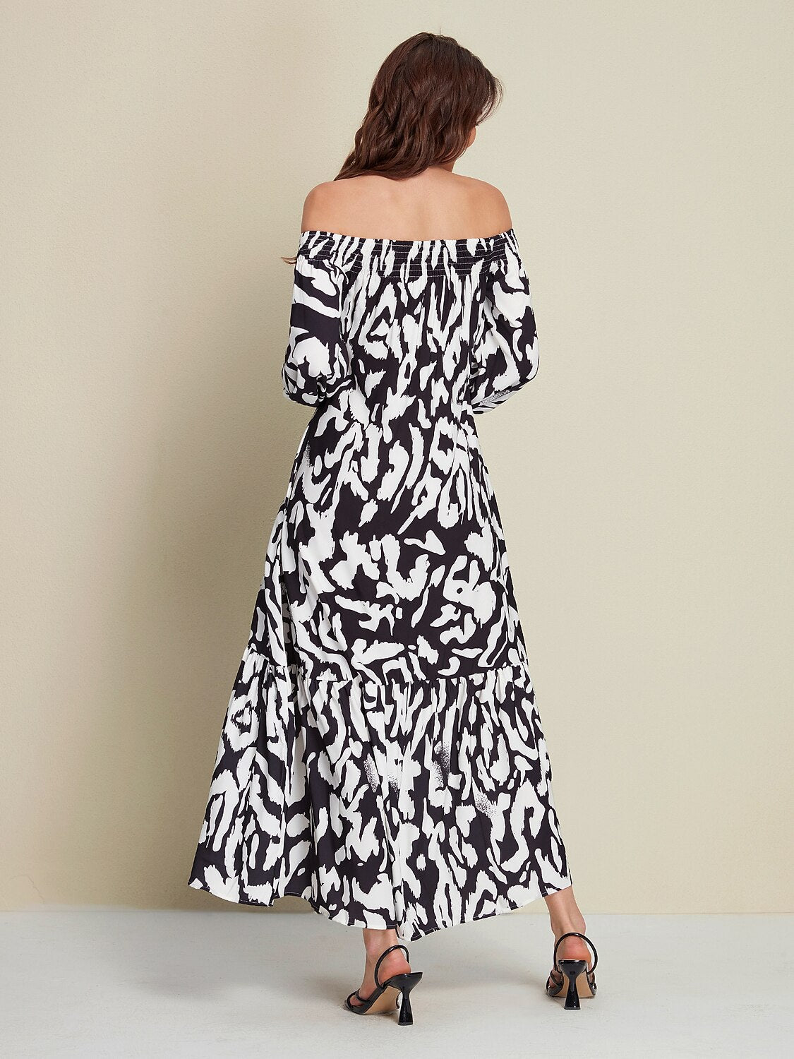 Satin Abstract Graffiti Print Off-Shoulder Maxi Dress