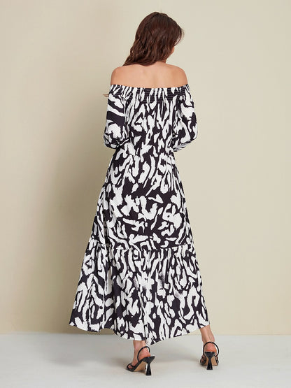 Satin Abstract Graffiti Print Off-Shoulder Maxi Dress