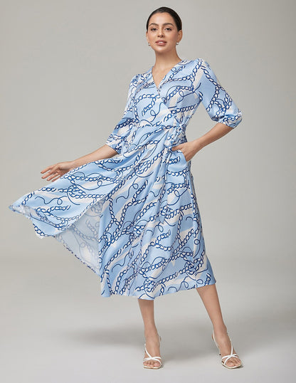 Chain Block Pattern Cross Tie Satin Maxi Dress