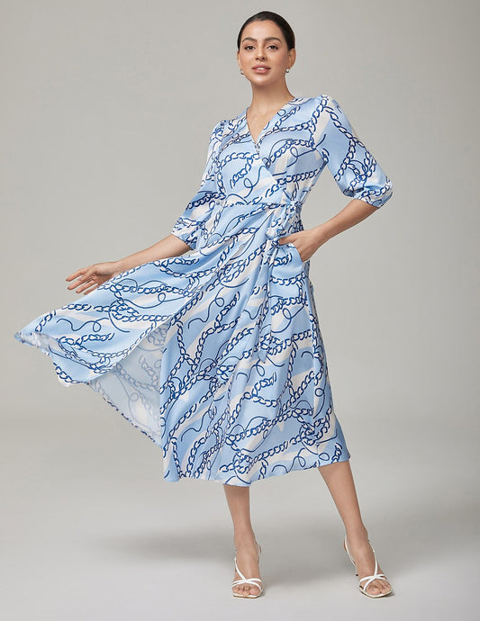 Chain Block Pattern Cross Tie Satin Maxi Dress