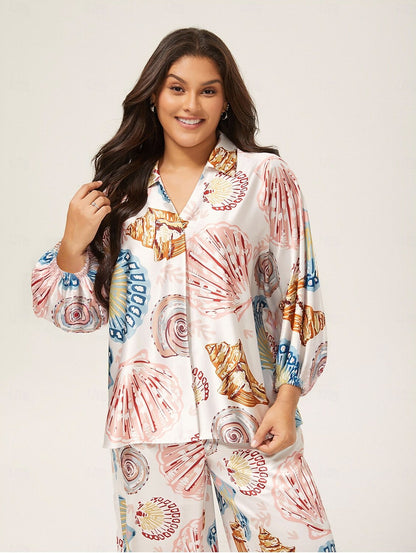 Shell Print Relaxed Fit Overhead V-Neck Blouse