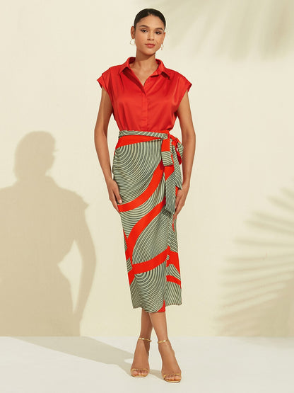 Satin Geometric Print Green Daily Casual Midi Skirt