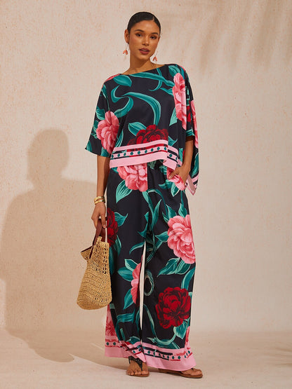 Vacation Contrast Artistic Floral Satin Straight Pants