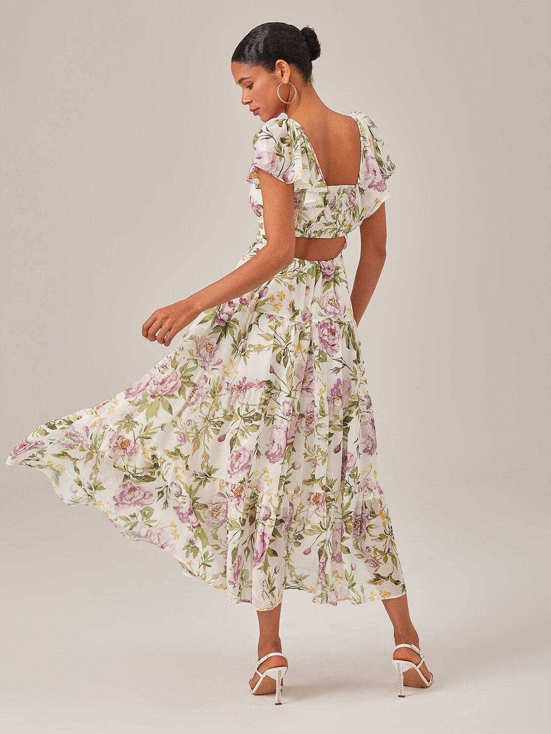 Elegant Floral Print Chiffon Flowy V-Neck Backless Maxi Dress