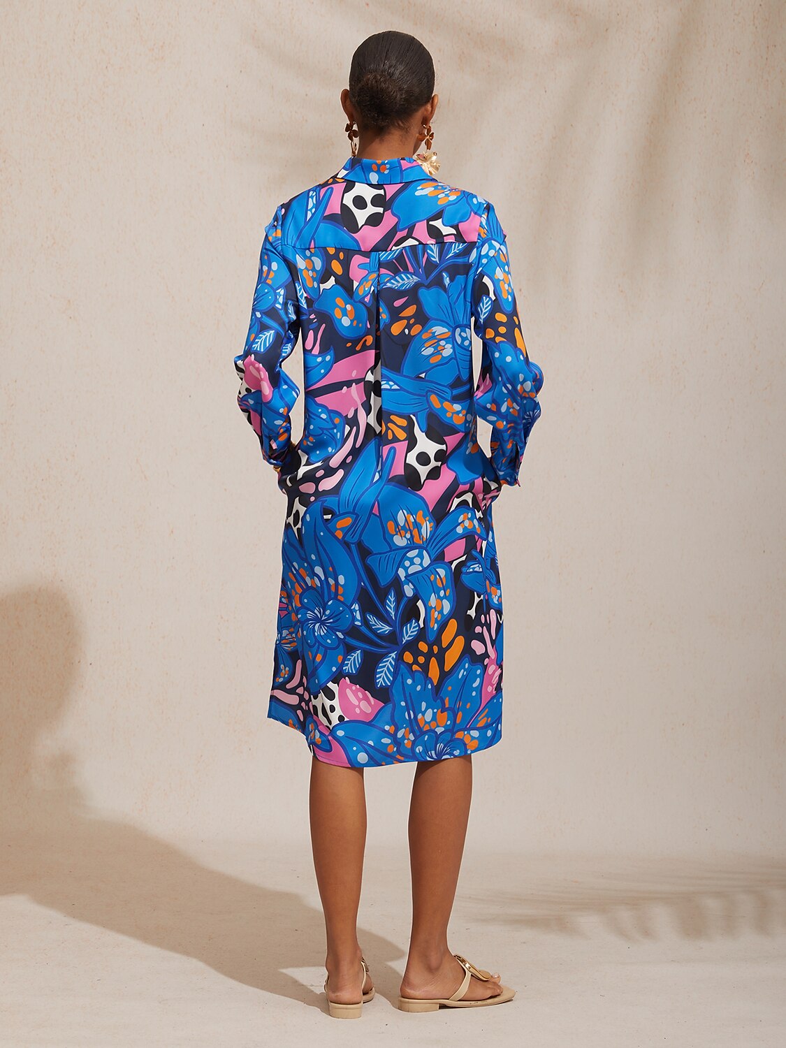 Vacation Abstract Color Dot Floral Straight Satin Shirt Dress