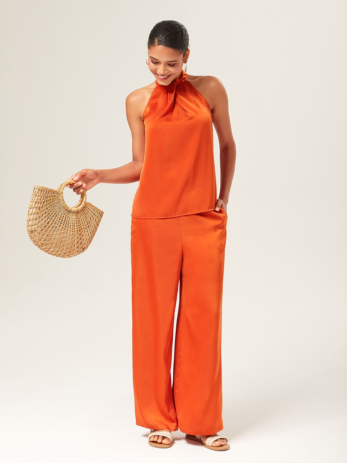 Satin Orange Stand Collar Wide Leg Pants Set