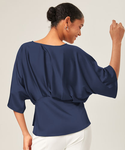 Satin Dolman Sleeve Inverted Pleat V-Neck Top
