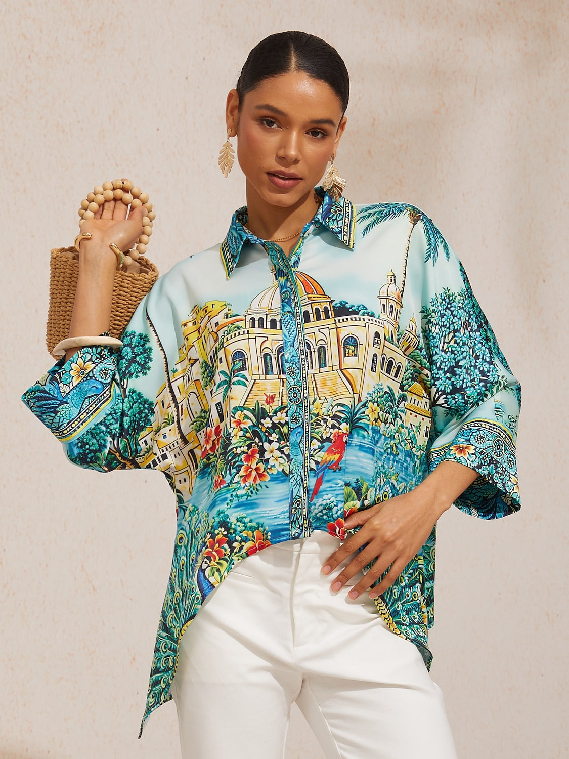 Balearic Islands Blue Silky Satin Dolman Sleeve Top