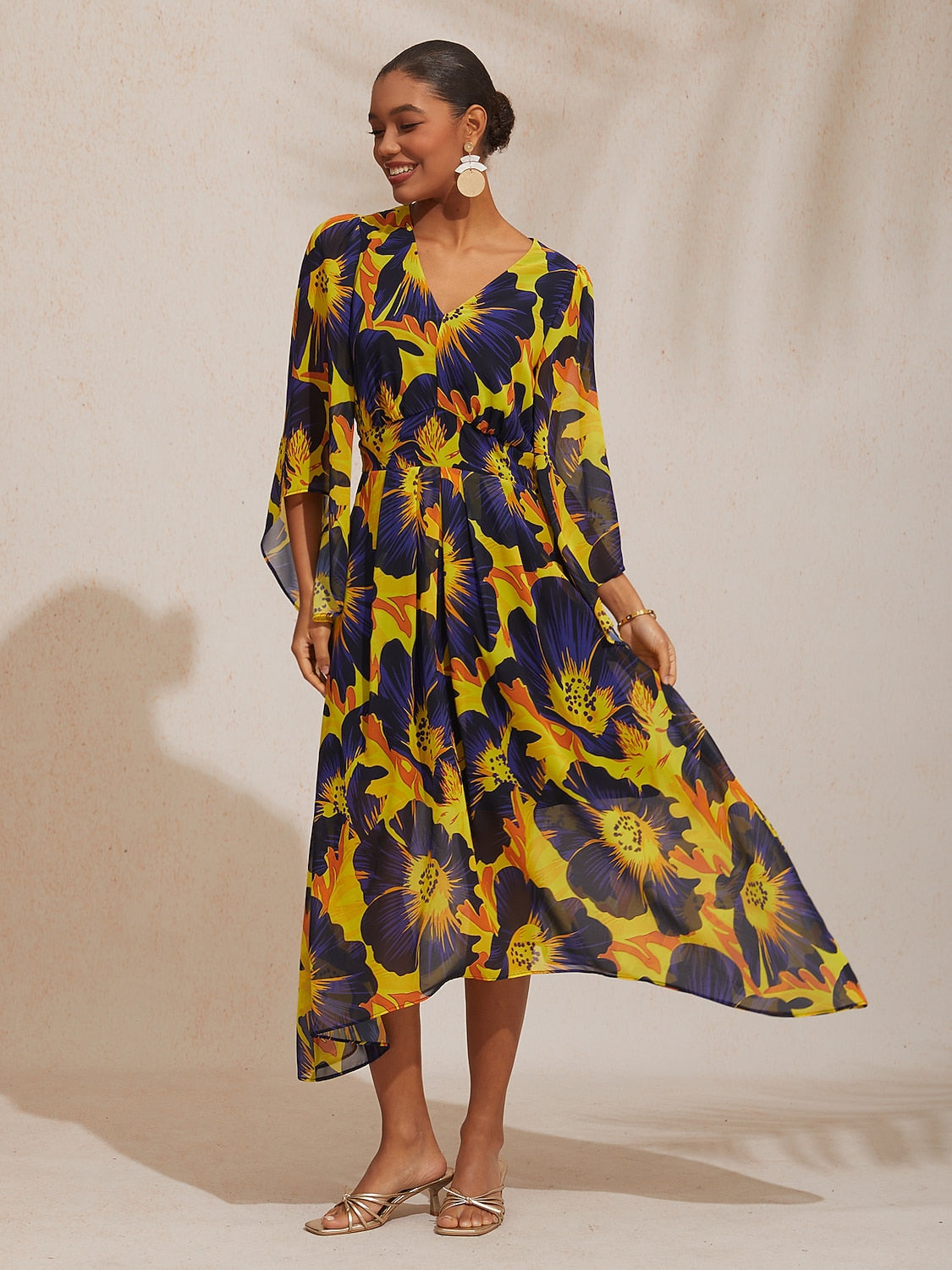 Vacation Abstract Floral Print Waist-defined Chiffon Maxi Dress