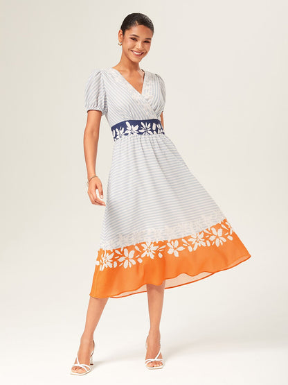 Linen-Like Striped Color Block A-Line Midi Dress