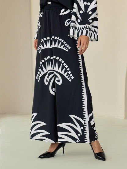 Wide Leg Pants Black Satin Full Length Printing