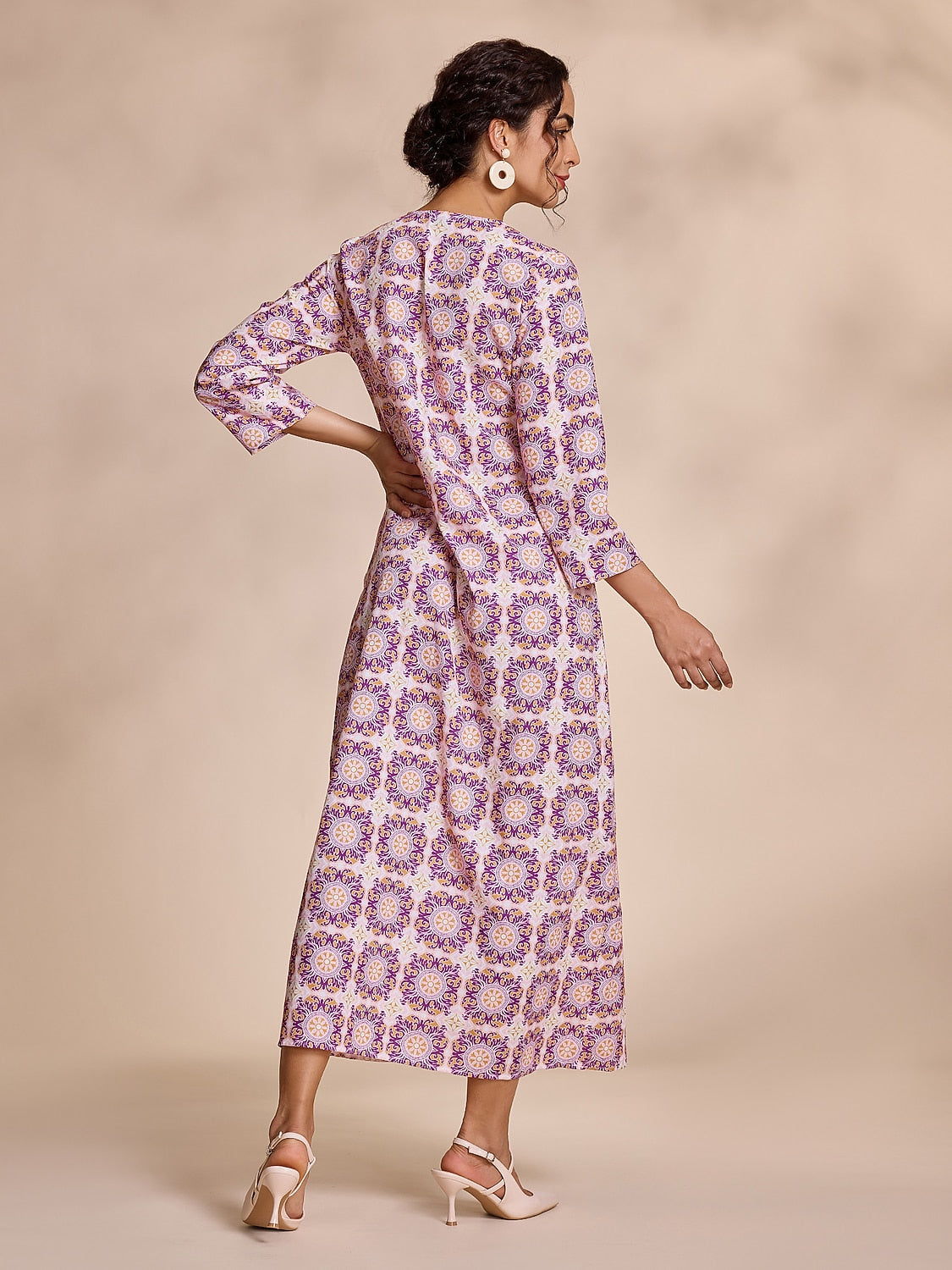 Ethnic Floral Print Notched Collar Vacation Style Maxi Dress