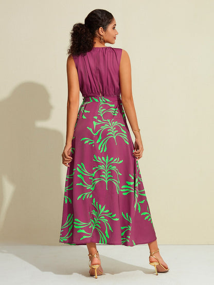 Satin Sleeveless Plants Print Vacation Belted Maxi Dress