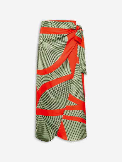 Satin Geometric Print Green Daily Casual Midi Skirt