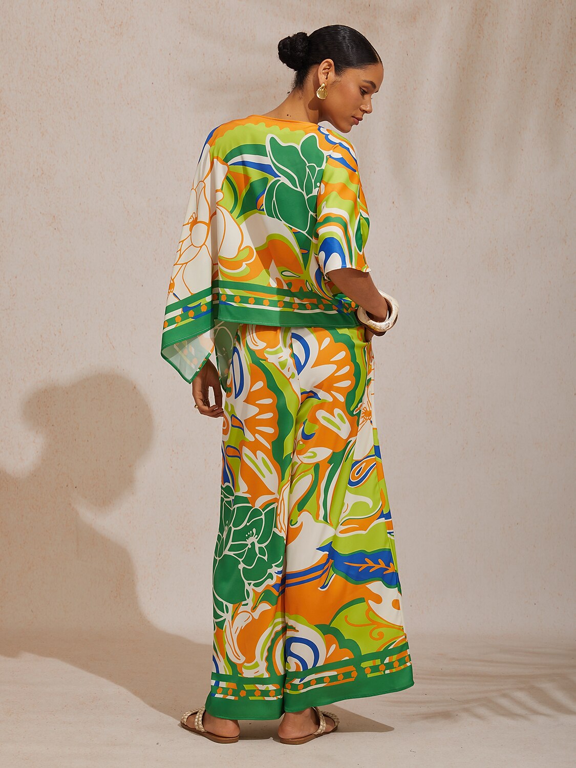 Summer Night Palm Silky Satin Dolman Sleeve Top