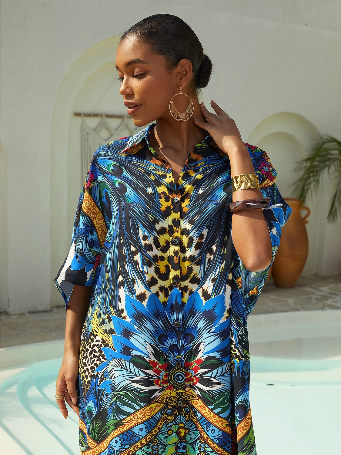 Vacation Feather Leopard Print Dolman Sleeve Fit Chiffon Shirt Dress