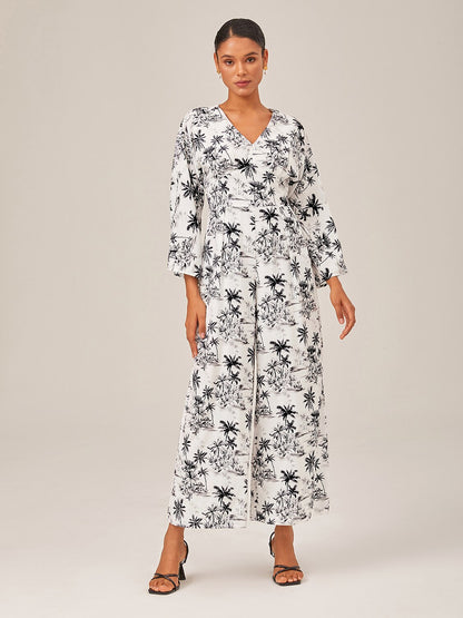 Palm Tree Print Vacation Style Satin Jumpsuit