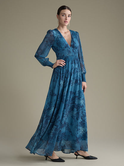 Elegant Floral Print Chiffon Maxi Wedding Guest Dress