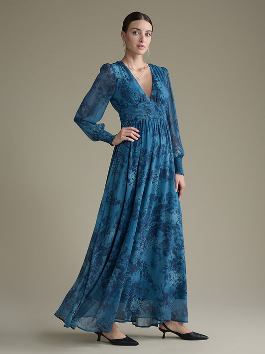 Elegant Floral Print Chiffon Maxi Wedding Guest Dress