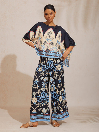 Summer Night Palm Silky Satin Dolman Sleeve Top