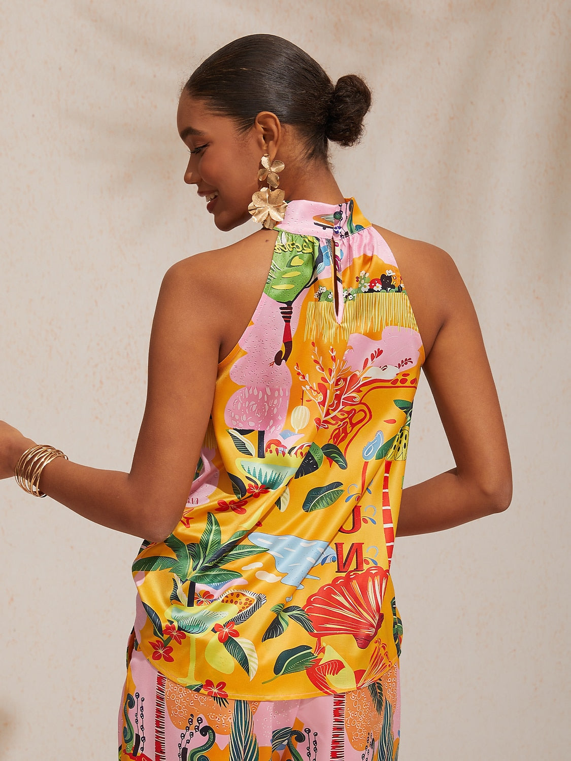 Vacation Beach Floral Print Halter Satin Top