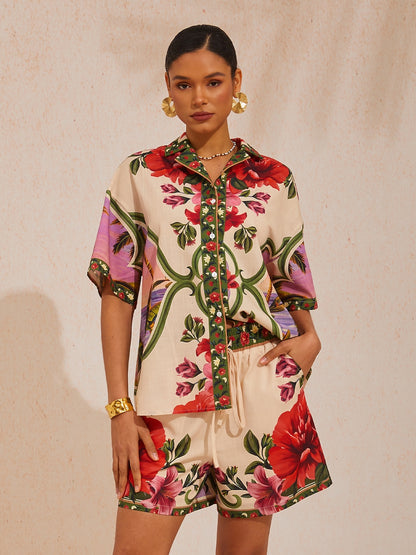 Vacation Placement Floral Elastic Waist Linen like Straight Shorts