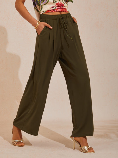 Vacation Elastic Drawstring Wide leg Pants