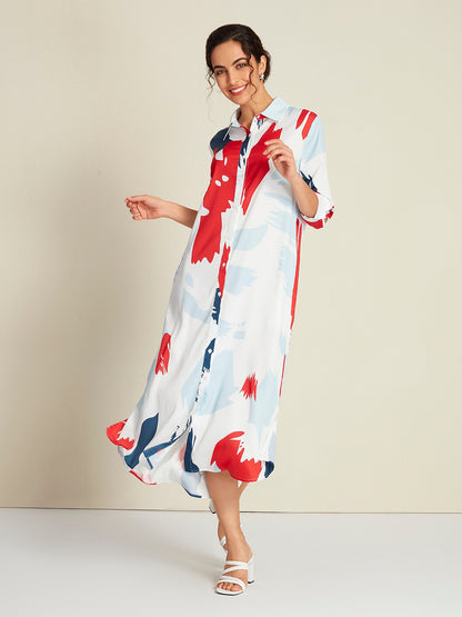 Satin Rainbow Block Pattern Maxi Shirt Dress