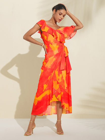 Orange Abstract Print Asymmetrical Ruffle Chiffon Dress