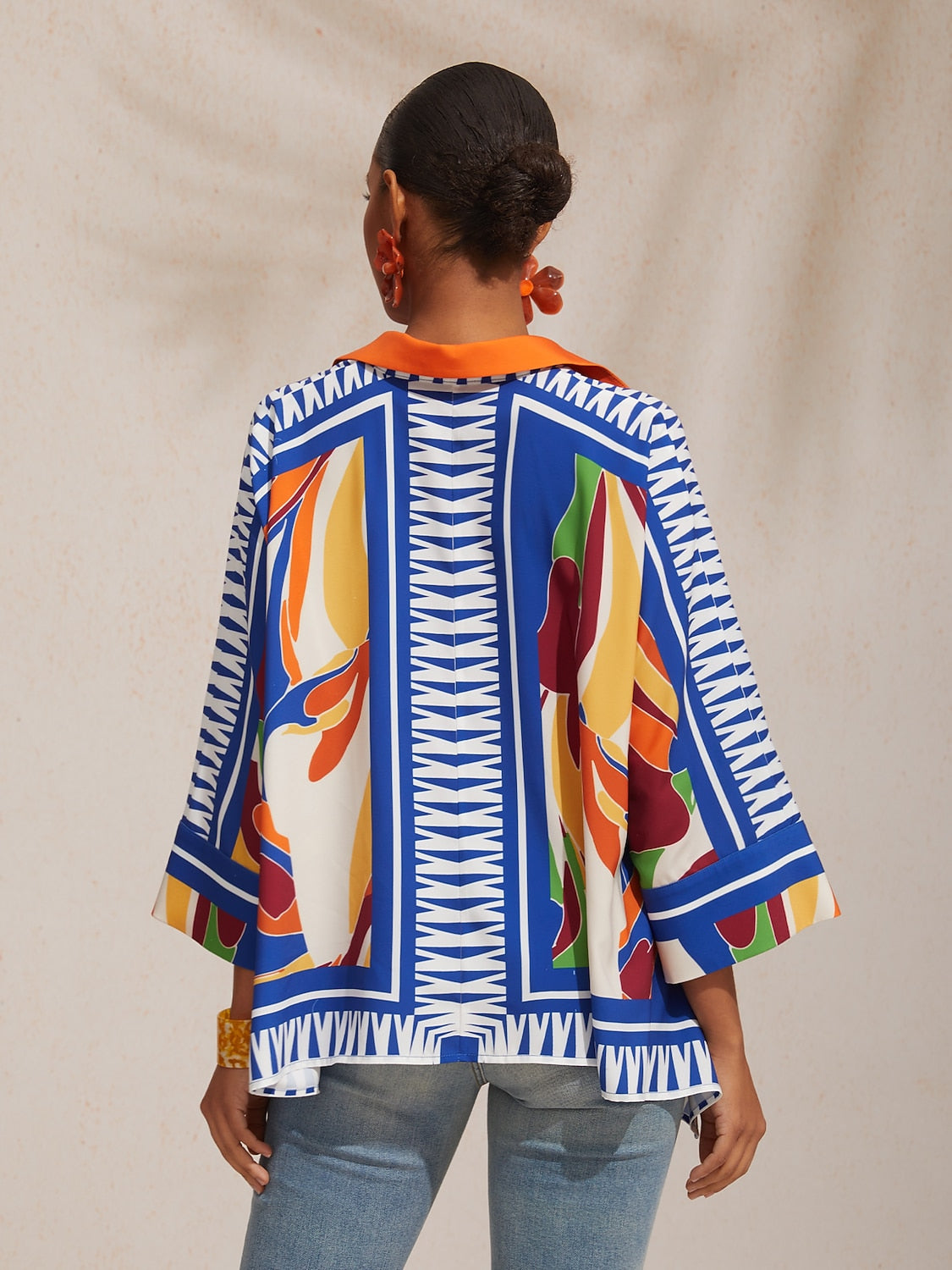 Vacation Geometric Color Block Print Batwing Sleeve Satin Short Shirt