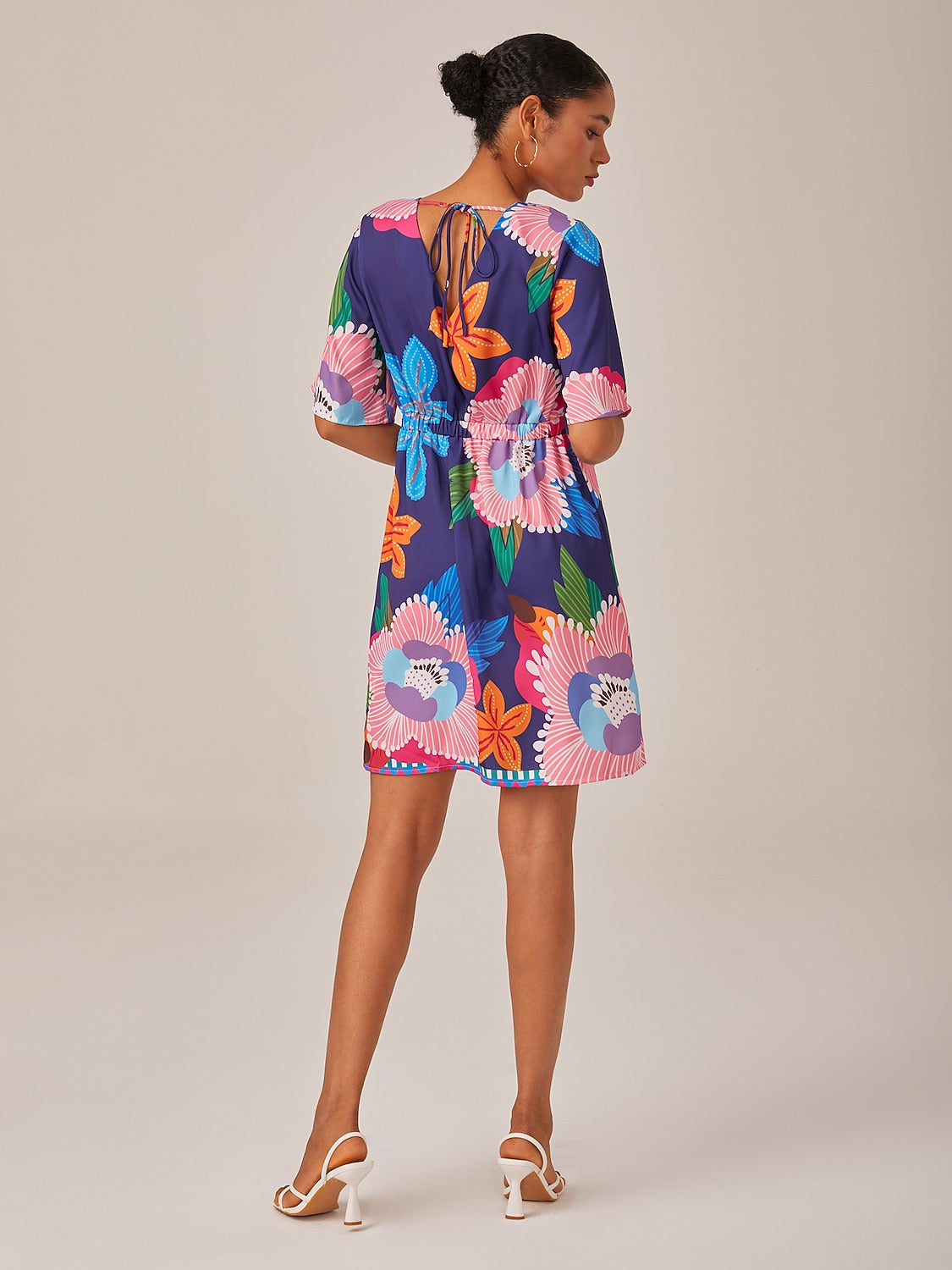 Satin Mini Dress  Floral Print Straight Fit Slimming Elastic Back     Dress