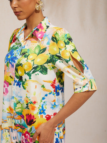 Vacation Scenic Floral Print Straight Satin Shirt Dress