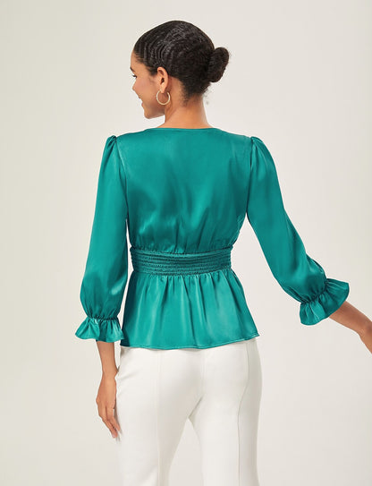 Elegant Lake Green Satin Cinched Blouse