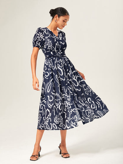 Abstract art print Linen-Like Fabric Waist-Cinching Maxi Dress