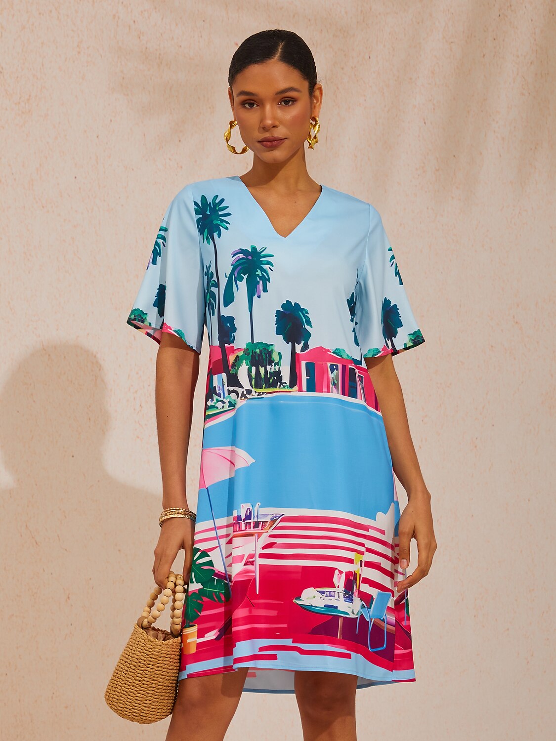 Vacation Print Satin Short Sleeves Mini Dress