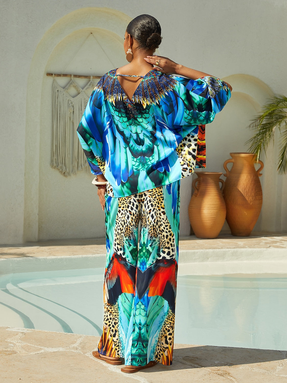 Vacation Feather Leopard Motif Dolman Sleeve Fit Satin Top