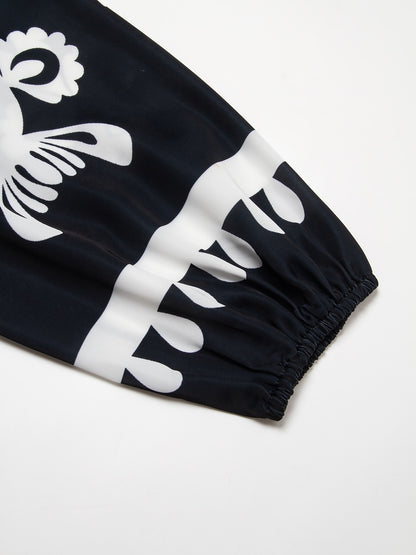 Top Satin Raglan Modern Lapel Black Print