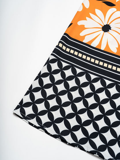 Satin Vacation Geometric Pattern 3/4 Length Sleeves Maxi Dress