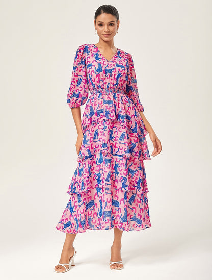 Pink Leopard Chiffon Cinched Peplum Dress