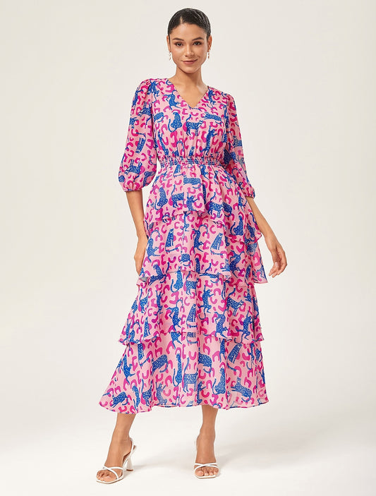 Pink Leopard Chiffon Cinched Peplum Dress