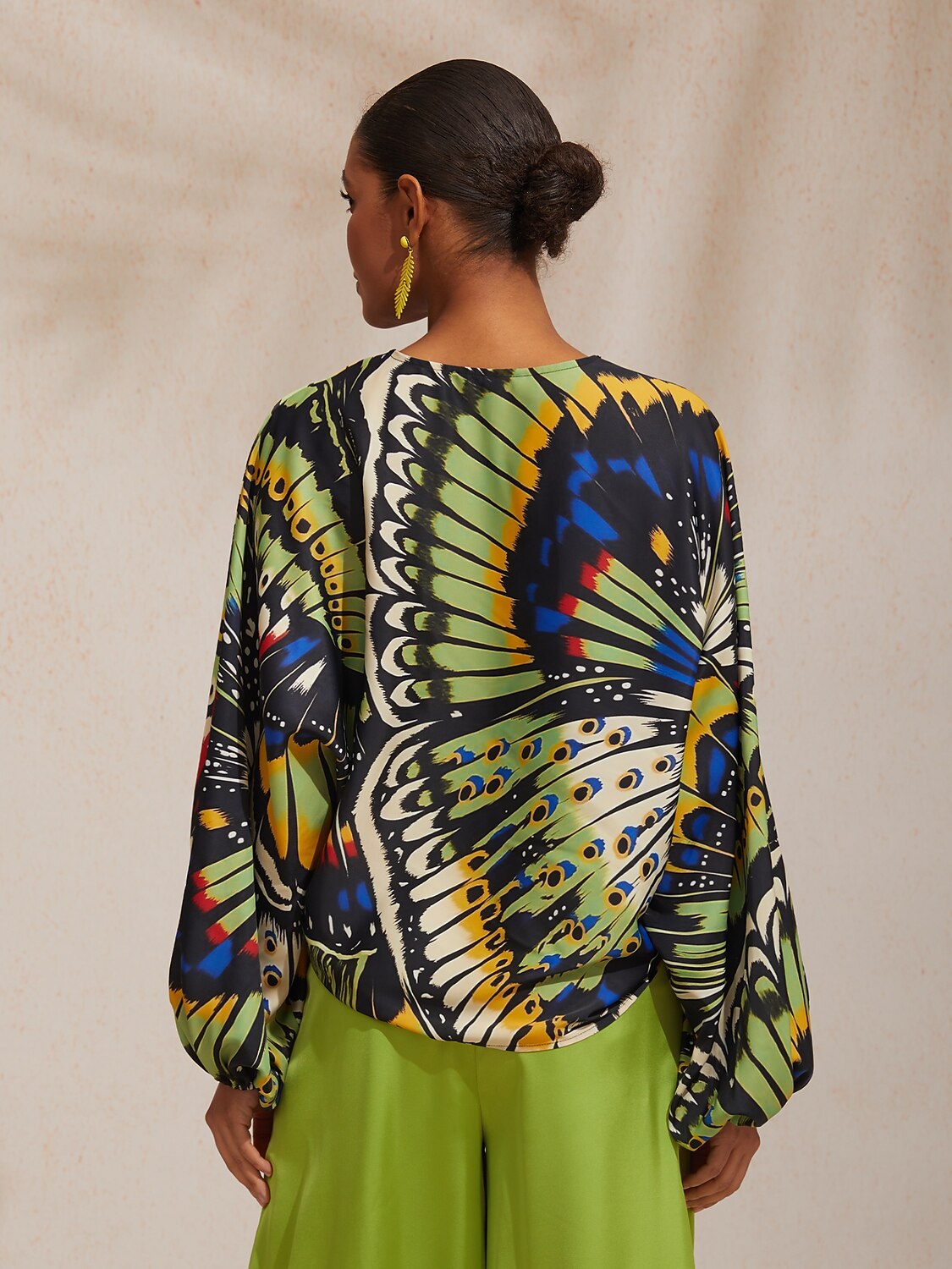 Vacation Butterfly Print Dolman Sleeve Satin Top