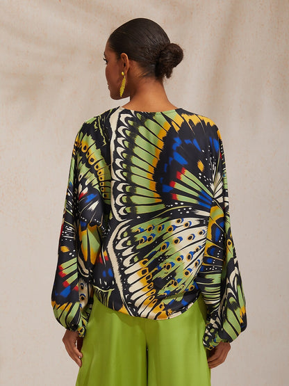Vacation Butterfly Print Dolman Sleeve Satin Top