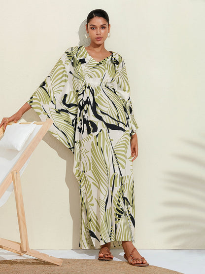 Satin Floral Maxi Dress Kaftan Dress