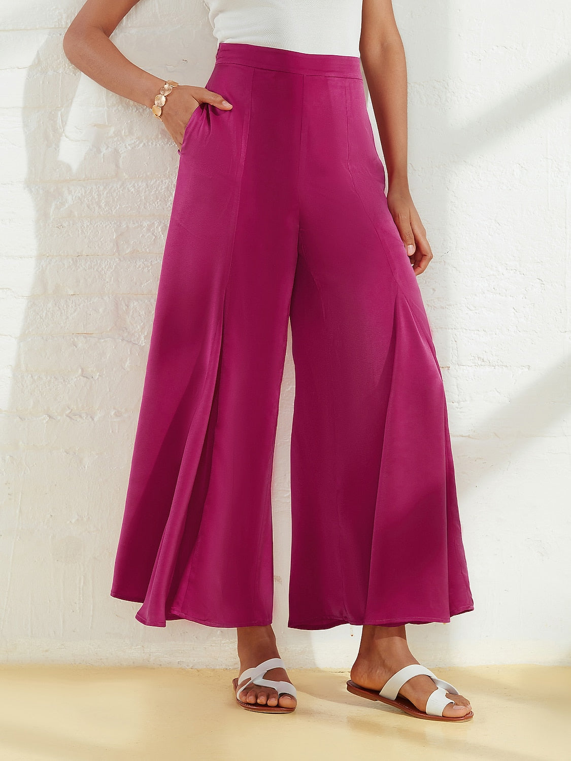 Wide Leg Pants Burgundy Satin Pocket