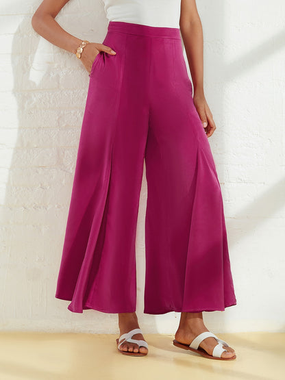 Wide Leg Pants Burgundy Satin Pocket