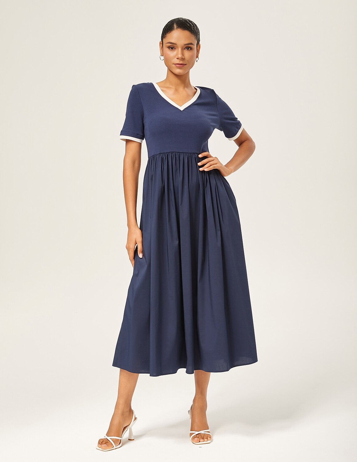 Navy Blue Cotton Knit-Woven Panel Dress