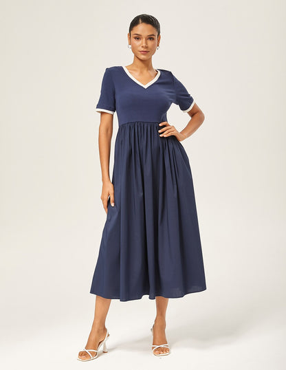 Navy Blue Cotton Knit-Woven Panel Dress